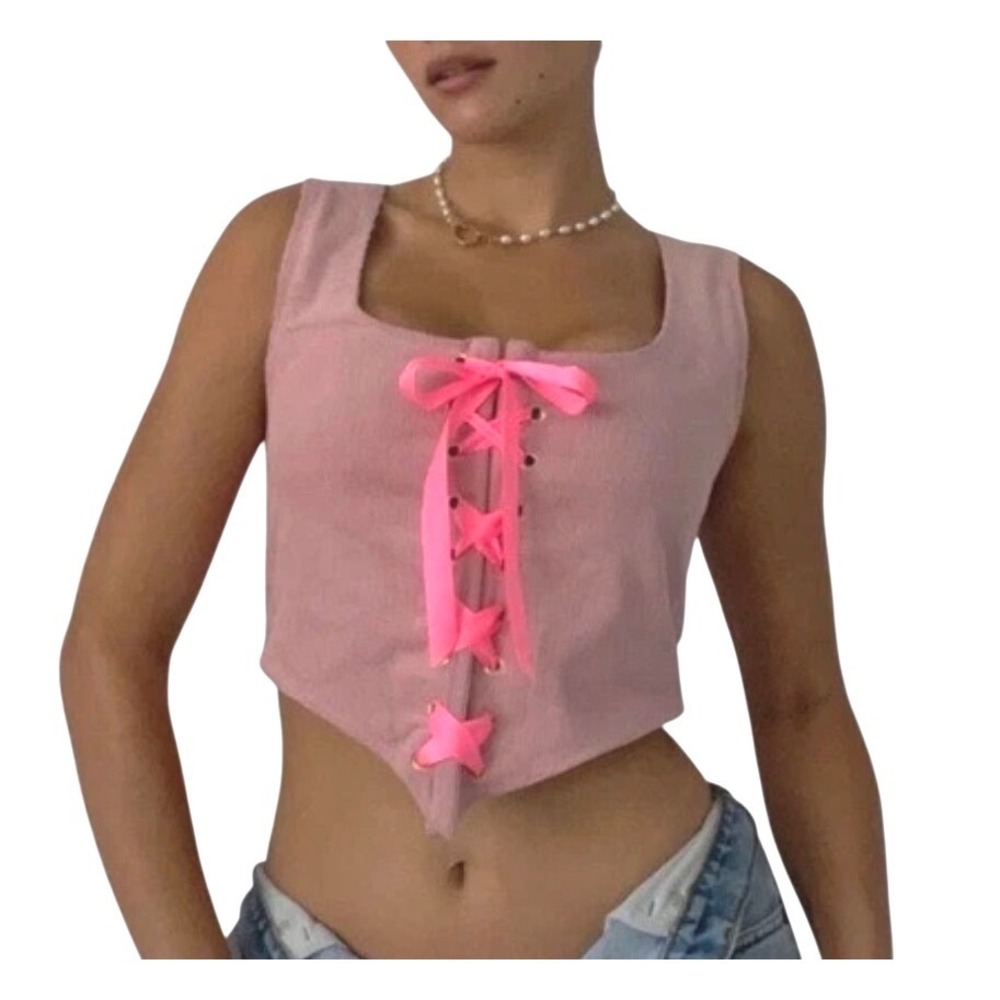 Vanessa Mooney Corset Top Cece Cropped‎ Lace Up Corduroy Pink Women Size Small